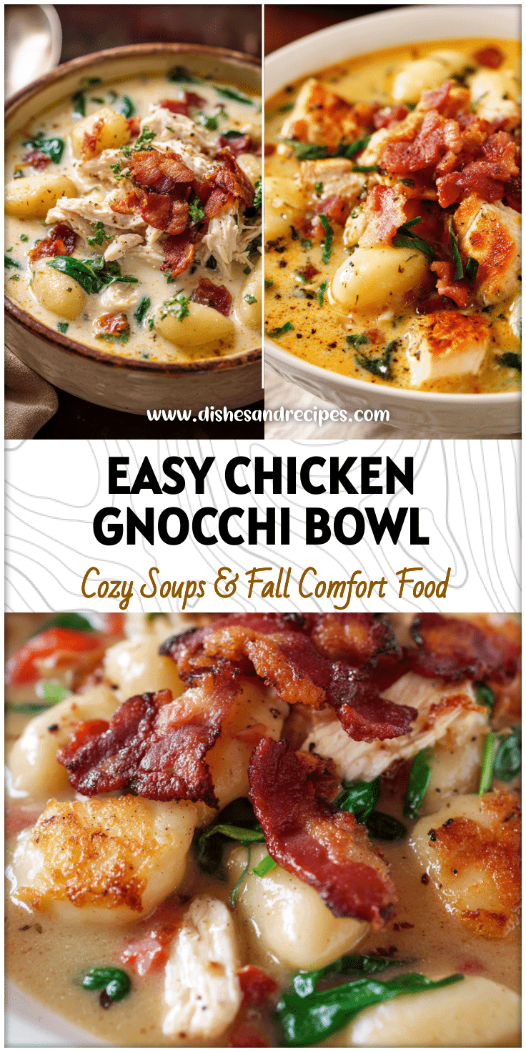 A steaming bowl of Easy Chicken Bacon Gnocchi Soup topped with crispy bacon and creamy broth for a cozy homemade meal.